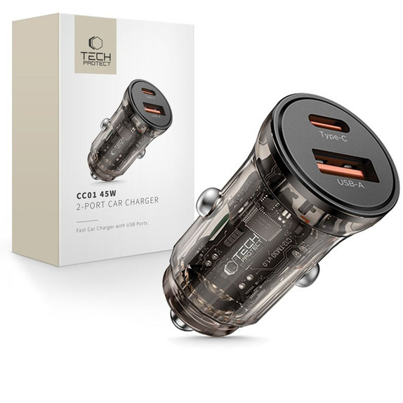 Nabíječka do auta CC01 2-PORT PD 45W / QC3.0, černá, Tech-Protect