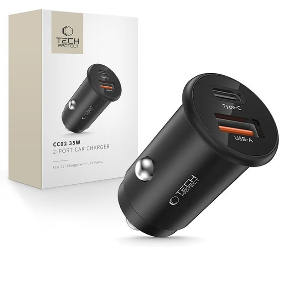 Nabíječka do auta CC02 2-PORT PD 35W / QC3.0, černá, Tech-Protect
