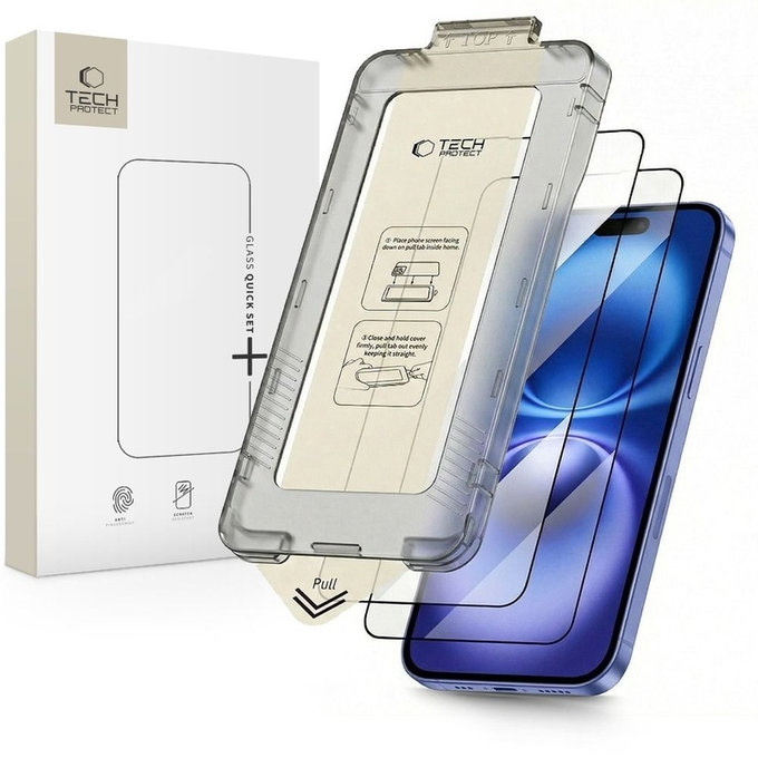 Tvrzené sklo Quick Set+ 2-PACK pro iPhone 15 / 16, černá, Tech-Protect