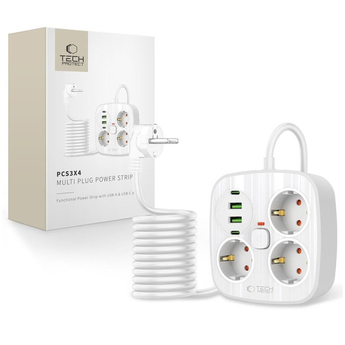 Síťová nabíječka PCS3X4 Power Strip 2 USB & 2 USB-C & 3 Socket 200cm, bílá, Tech-Protect