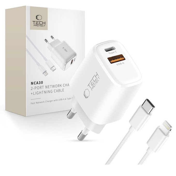 Síťová nabíječka NCA30 2-PORT PD 30W / QC3.0 + Lightning Cable, bílá, Tech-Protect
