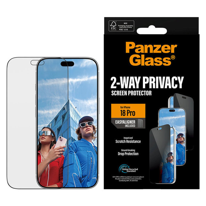 Tvrzené sklo UWF 2-Way Privacy s aplikátorem pro iPhone 18 Pro, Černá, PanzerGlass
