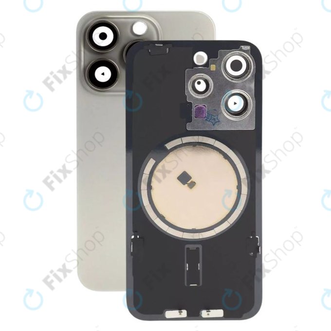 Apple iPhone 15 Pro - Sklo Zadního Housingu + Sklíčko Kamery + Kovová Destička + Magsafe Magnet (Natural Titanium)