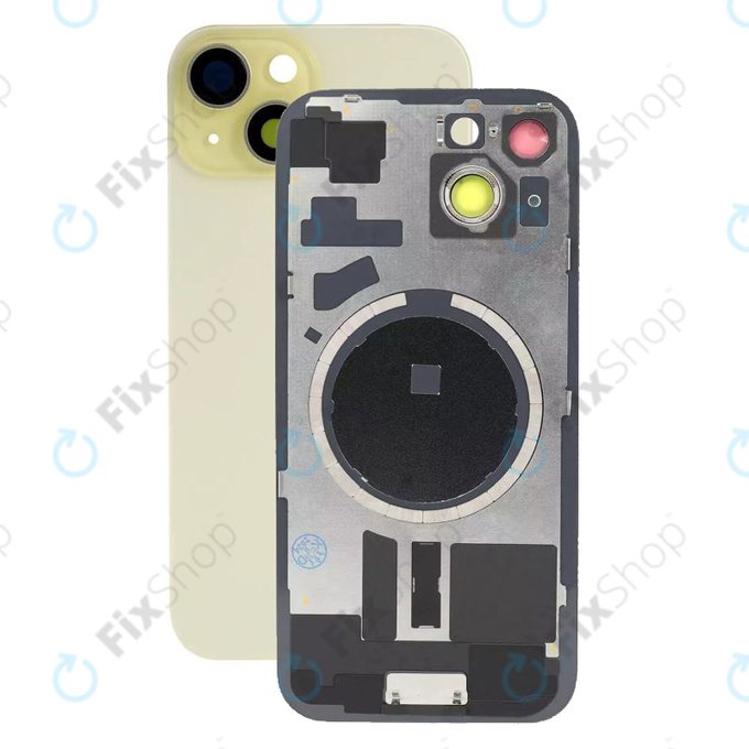 Apple iPhone 15 - Sklo Zadního Housingu + Sklíčko Kamery + Kovová Destička + Magsafe Magnet (Yellow)