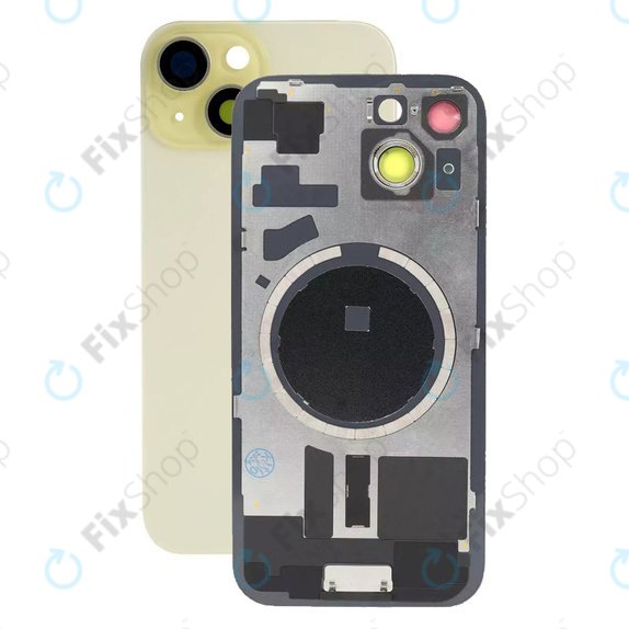 Apple iPhone 15 - Sklo Zadního Housingu + Sklíčko Kamery + Kovová Destička + Magsafe Magnet (Yellow)