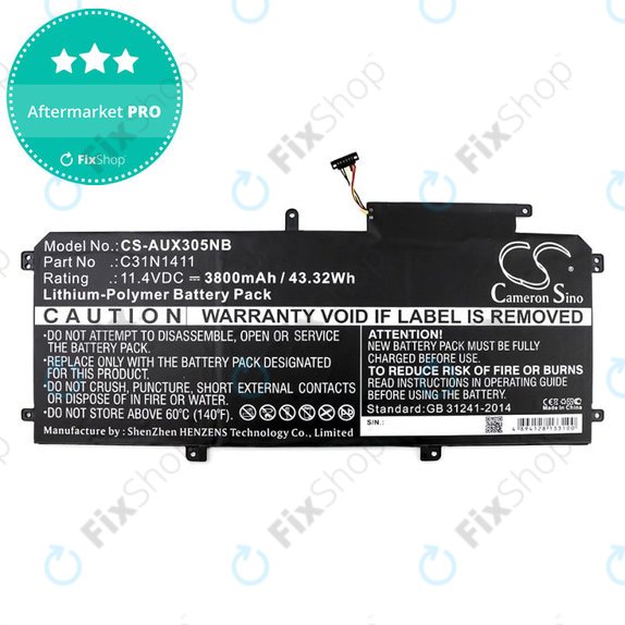 Baterie pro Asus Zenbook UX305, 3800mAh, Li-Pol, 11.4V, C31N1411, HQ