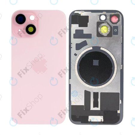 Apple iPhone 15 - Sklo Zadního Housingu + Sklíčko Kamery + Kovová Destička + Magsafe Magnet (Pink)