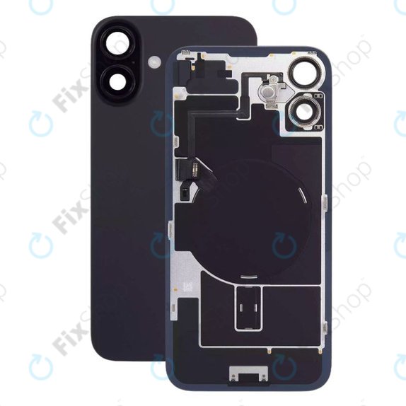 Apple iPhone 16 - Sklo Zadního Housingu + Sklíčko Kamery + Kovová Destička + Magsafe Magnet + Flex Kabel (Black)