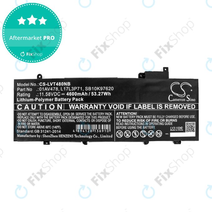 Baterie pro Lenovo ThinkPad T480S, 4600mAh, Li-Pol, 11.58V, 01AV478, HQ